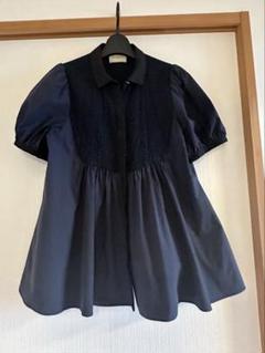 ネイビー 半袖シャツ フリルデザイン