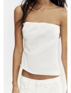 ZARA リブニット バンドゥトップス ホワイト S 白 ベアトップ オフショル ZARA リブニット バンドゥトップス ホワイト S 白 ベアトップ