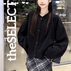 韓国 服 レディース ブルゾン 黒 長袖 オーバーサイズ カーディガン パーカー