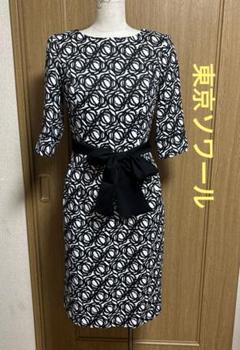 東京ソワール　上品　総柄　ワンピース　ウエストリボン紐付き