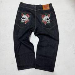 極太 Ed Hardy エドハーディー デニム ボタンフライ ドクロ刺繍 W40 極太 Ed Hardy エドハーディー デニム ボタンフライ ドクロ刺繍