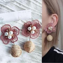1118＊２way ローズピンク 刺繍フラワー ラタンボール