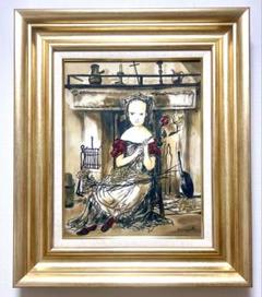 誠実 SALE(F6号) 藤田嗣治【暖炉の前の少女】肉筆/油彩/表裏サイン有 絵画