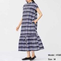GU　ジーユー　バンドカラー　ロング　ワンピース　ブルー　チェック