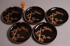 時代 竹蒔絵 黒塗 銘々盆 五客 天然木 木製漆器 木皿 菓子皿【MA375】 時代 竹蒔絵 黒塗 銘々盆 五客 天然木 木製漆器 木皿 菓子皿