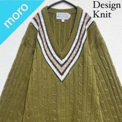 No.681 VINTAGE 古着 ニット セーター 柄ニット Ｖネック カーキ
