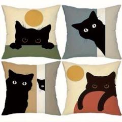 266 クッションカバー☆黒猫☆4枚set☆45×45☆リビングクッション☆