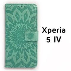 Xperia 5 Ⅳ 手帳 ケース グリーン 型押し フラワー