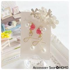 ビジュー♡・:*ピンクローズ♡りぼんパール♡ハンドメイドピアスorイヤリング♡