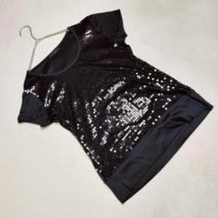 良品★MOGA カットソー フレンチスリーブ スパンコール コットン 黒 M