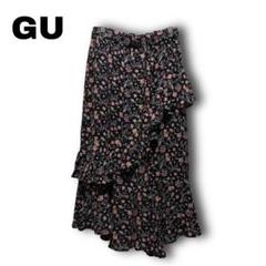 2614　【GU】　スカート　ロング　フレア　花柄　切り返し　L　ティアード　黒