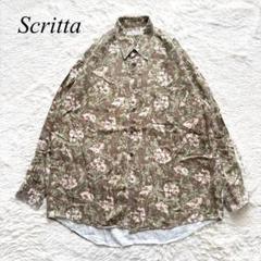 G5【Scritta】シャツ　長袖　花柄　ヴィンテージライク　ブラウン　F 古着