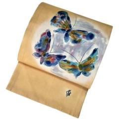 名古屋帯 塩瀬 蝶々 作家物 手描き 水彩画 可愛い 珍品 NO-1335 名古屋帯 塩瀬 蝶々 作家物 手描き 水彩画 可愛い 珍品 NO-1335