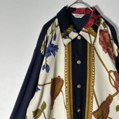 美品⭐日本製⭐スカーフ柄⭐薄手⭐スウェット生地⭐L⭐金ボタン⭐縄⭐花⭐長袖⭐