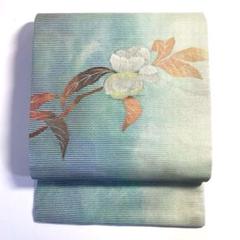 4k995 名古屋帯　絹　夏帯　夏物　絽　青　緑　銀色　茶色　花柄　和装　着物 4k995 名古屋帯 絹 夏帯 夏物 絽 青 緑 銀色 茶色 花柄 和装 着物