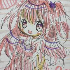 新作。手描きイラスト。中色紙。猫好きな女の子