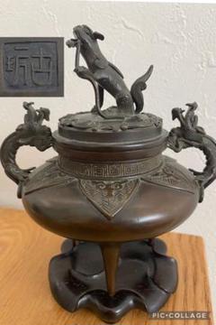 古玩 獅子蓋龍耳香炉 三脚香炉 銅器彫刻 香櫨 三つ足香炉 中国