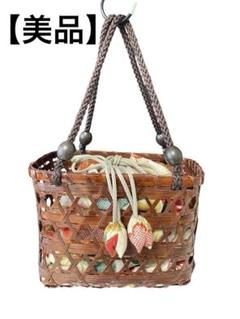 【美品】竹バッグ かごバッグ バスケット 浴衣バッグ 花火大会 花柄巾着