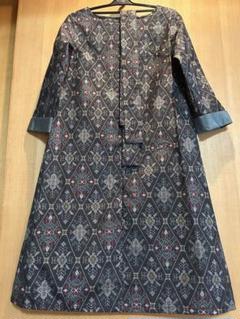 大島紬　ハンドメイド　長袖正絹リボン付きリメイクワンピースS〜M