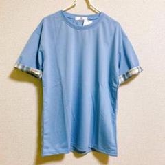 チェック柄 ロールアップ Tシャツ 五分袖 ワイドシルエット M 水色