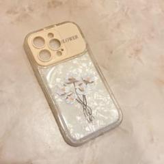 iPhoneカバー　14Pro お花　大理石風　鏡　ミラー
