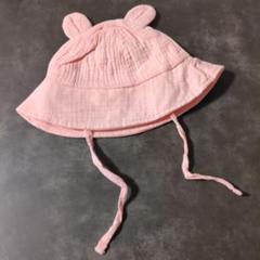 クマ耳付き ピンク ベビー帽子 コットン 可愛い 赤ちゃん ハット 首紐付き