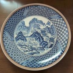 山水画 円形皿　大皿 骨董品 昭和レトロ 有田焼 峯山 染付 山水図 大皿 30.7cm 飾り