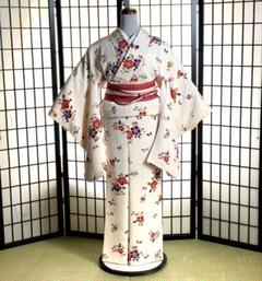 振袖 花柄 紅型　波模様 多色　長襦袢うそつき袖付　身丈約150cm 小柄な方 振袖 紅型 遠山に花と鶴など - からん::アンティーク着物