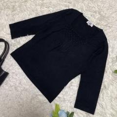 極美品　自由区　七分袖ニット　黒　薄手　ストーン　スクエアネック　38 Mサイズ