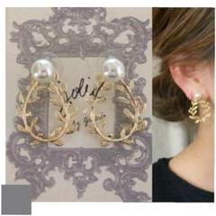 738＊パール ピアス リーフ しずくリング