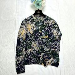 美品 45R 現行 カーディガン フラワー インディゴ マルチカラー リネン 美品 45R 現行 カーディガン フラワー インディゴ マルチカラー