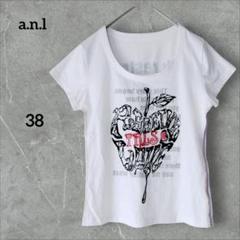 A.N.L エーエヌエル 半袖 Tシャツ リンゴ 刺繍 ライン 白 38