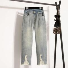 九分丈 デニム ジーパン 個性的なデザイン 着痩せ ハイウエスト 破れジーンズ