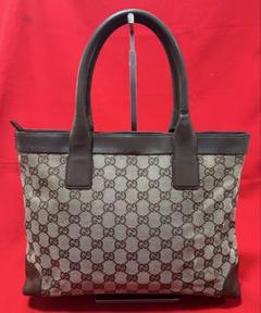 本物　GUCCI グッチ　キャンバス×本革　バッグ　トート　カバン　茶