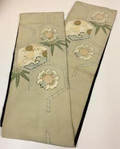 アンティーク 正絹 昼夜帯（リバーシブル） 淡黄の華の賑わい