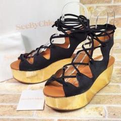 Chloé クロエ スウェード レースアップ 細見え サンダル 黒 38サイズ Chloé Namaウェッジサンダル | Chloé JP