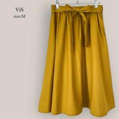 【ビス】ViS フレアスカート　ミモレ丈　リボンベルト付き　マスタード　無印
