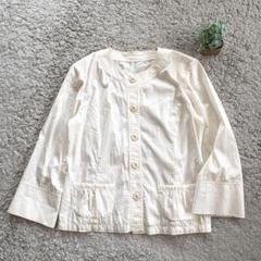 【micalady】ノーカラージャケット 八部袖 肩パッド入り ボタン ポケット