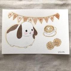 原画　水彩画　うさぎ　カフェラテ　ワッフル　ポストカード　アナログイラスト