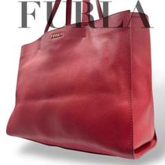 【特別送料無料！】 良品】フルラ トートバッグ 大 肩掛け ロゴ金具 赤 オールレザー バッグ