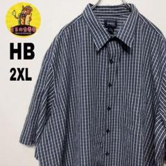 USA古着 HB　半袖ボタンシャツ2XL　ネイビーイエロー　チェックのサムネイル