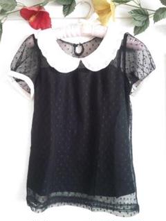 ブラックのドット柄シースルー♪パフスリシャツ☆丸襟☆