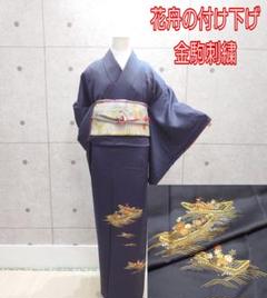 2233.花舟 金駒刺繍 付け下げ 袷 正絹 着物 小舟 荒波 金銀糸