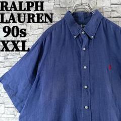 希少✨90sラルフローレン リネン半袖BDシャツ 麻 刺繍ロゴ ネイビー XXL
