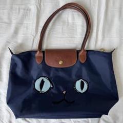 Longchamp 猫の顔刺繍 ネイビーショルダーバッグ - メルカリ