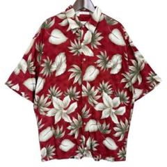 海外古着 総柄 ボタニカル リーフ アロハシャツ ハワイアンシャツ レッド XL