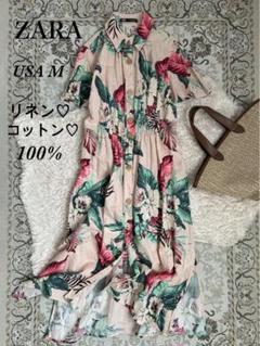 美品 ZARA ザラ シャツ ワンピース ロング リネン コットン 花柄のサムネイル