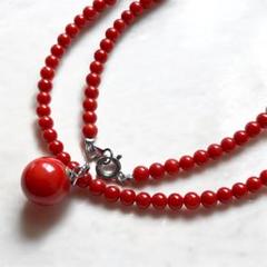 美品✨血赤珊瑚 丸玉 3.5mmネックレス シルバー刻印 10.4mmトップ付き 美品✨血赤珊瑚 丸玉 3.5mmネックレス シルバー刻印 10.4mm