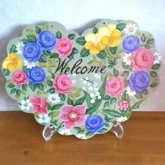 ウェルカムボード　トールペイント作品　薔薇　リース