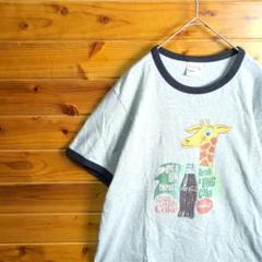 リンガーTシャツ　半袖Tシャツ　キリン　コカコーラ　グレー　黒　L　カジュアル